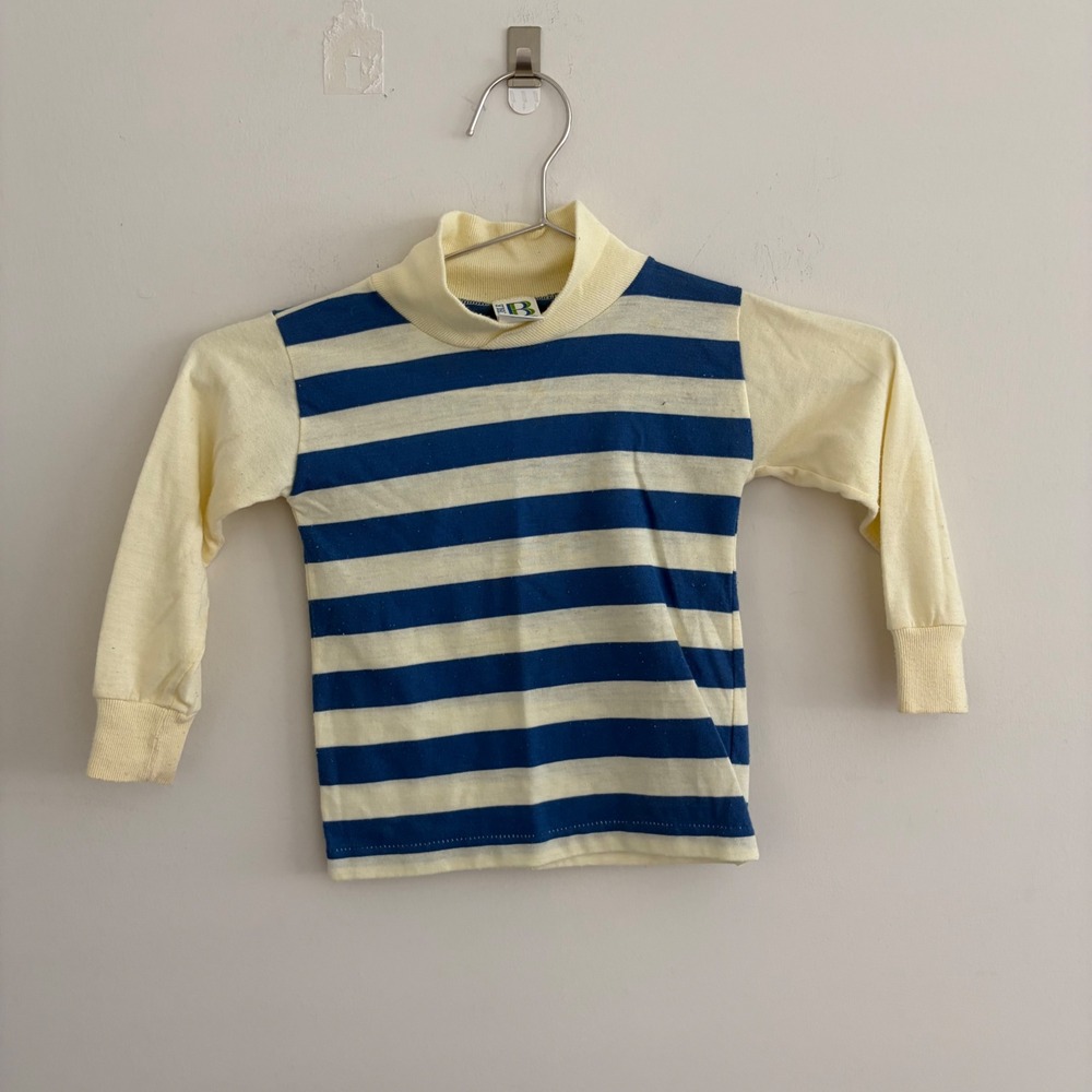 Buster Brown Vintage Kids Striped Mock Neck Long Sleeve Shirt Size 4 Yellow Blue